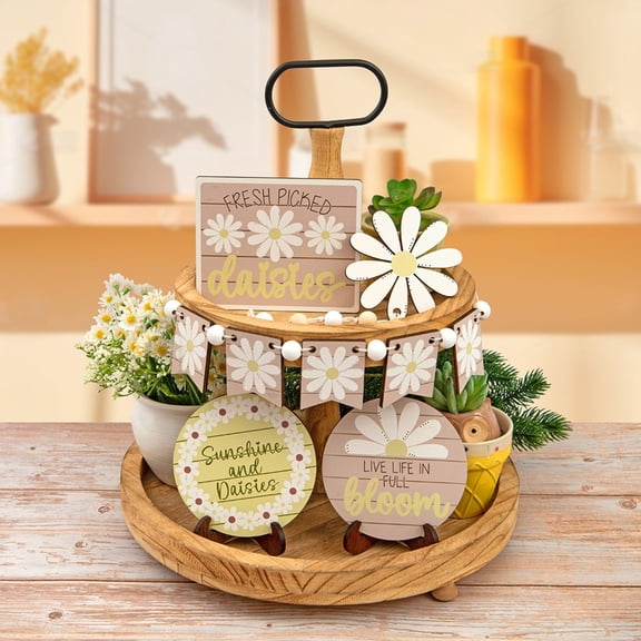 Tray Decoration Set for Spring Farmhouse Style | Tiered Tray Accessories with Wooden Sign and Floral for Home Kitchen Tabletop