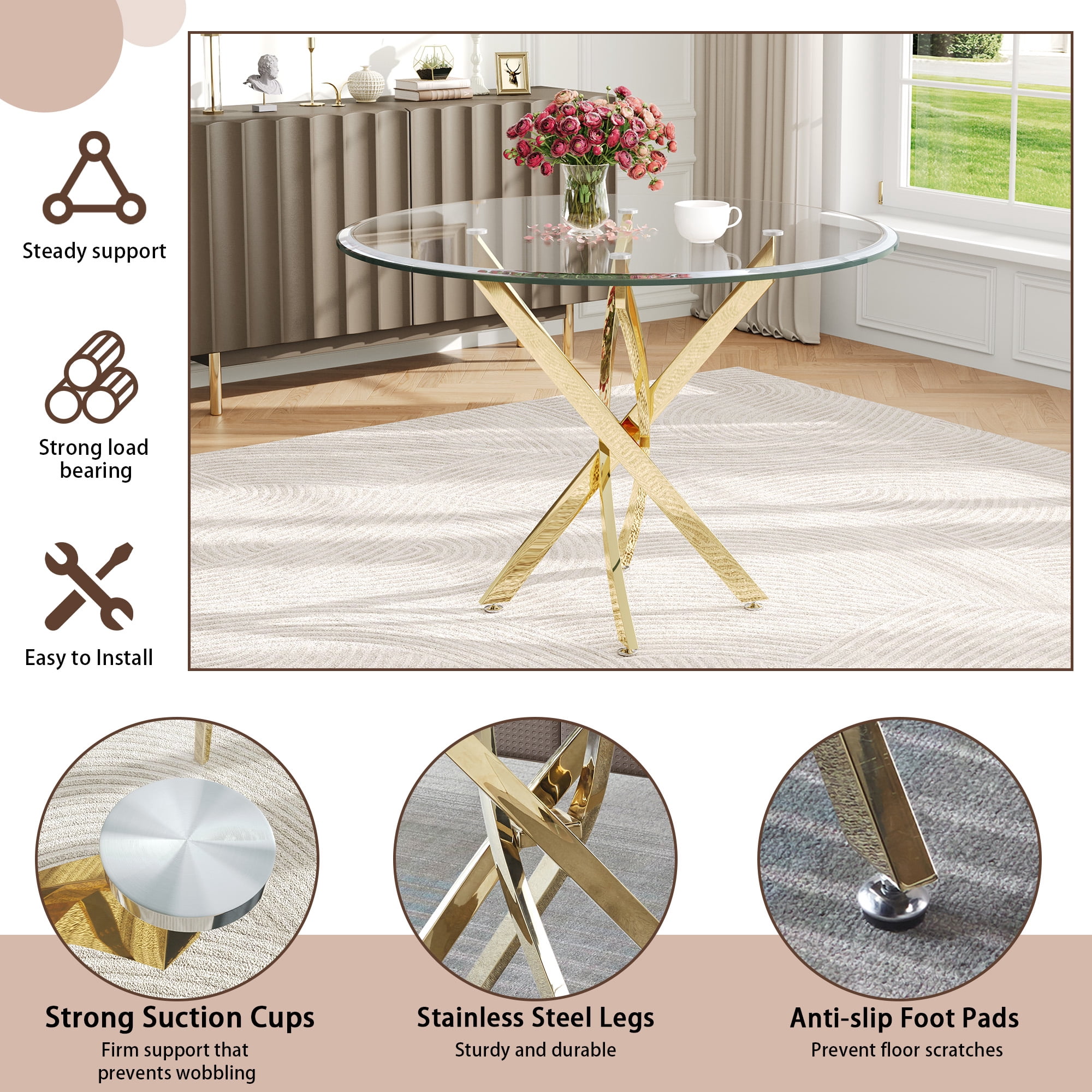 36" Round Glass Dining Table with Stainless Steel Legs, Modern Small Kitchen Table with Tempered Glass Top for Dining Room, Apartment, Kitchen