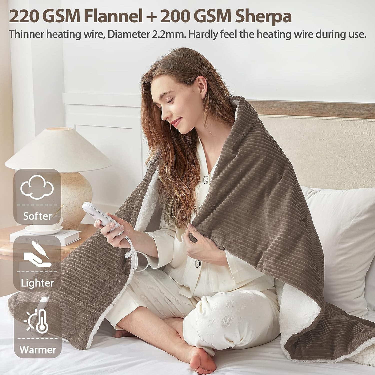 HomeMate Electric Heated Throw Blanket, Flannel & Sherpa Cozy Soft Electric Throw with 5 Heat Settings & 4 Hours Auto -Off, 50x60 Inch, Beige