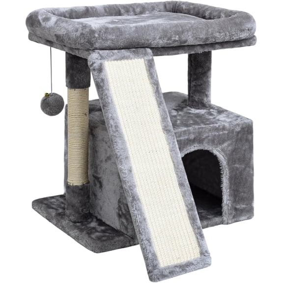 Small Cat Tree for Indoor Cats, Cat Tower with Scratching Post and Board, Cat House with Perch for Kitten, Stable Condo and Stand (Light Grey)
