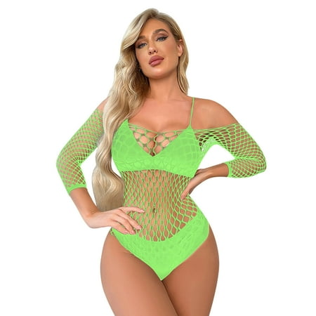 Midwennn Women Lingerie Long Sleeves Fishnet Bodysuit Sexy Mesh Teddy Underwear Wet Look Lingerie for Women Open Crotch Sexy Womens Lingerie