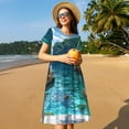 thumbnail image 4 of Honeii Tropical Paradise Window View Print Women’s Short Sleeve Dress, Comfortable Casual Dress, Soft Polyester Spandex Blend, Stylish Everyday Wear for Summer, Perfect for Travel and Vacation, 4 of 6