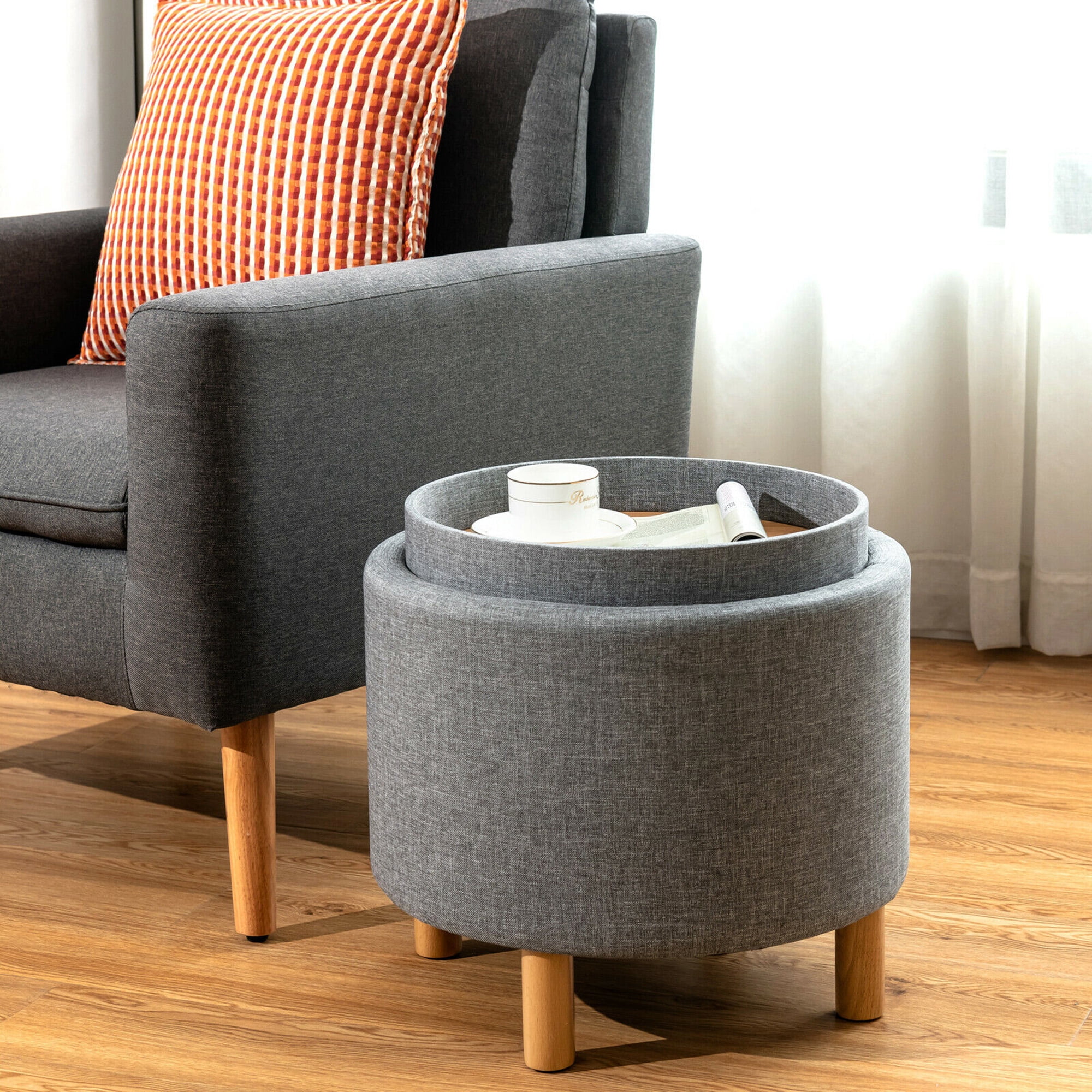 Gymax Accent Padded Footrest w/Tray Top Round Storage Ottoman w/Wood Legs Grey