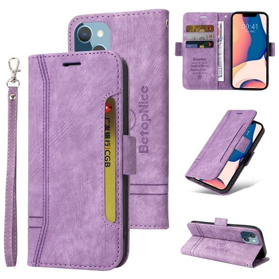Nalacover Wallet Case with Wrist Hand Strap for iPhone 15 Plus Purse Case, Premium PU Leather Shockproof Flip Kickstand Cover with Card Slots Holder Case for iPhone 15 Plus, Purple