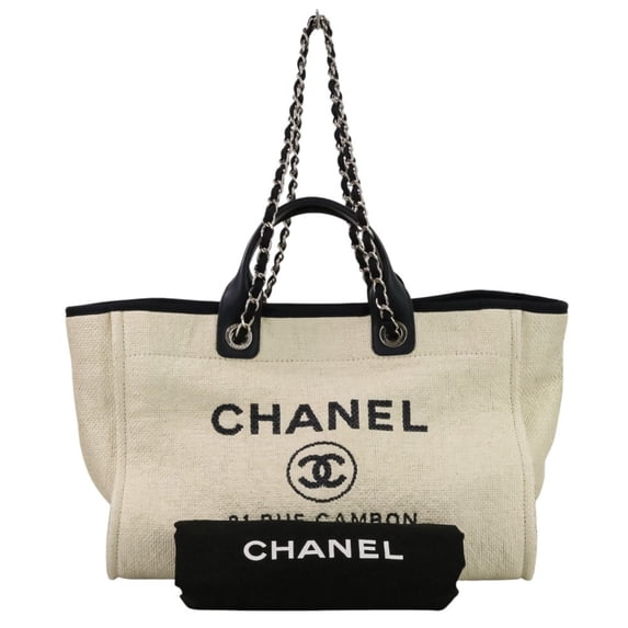 Pre-Owned CHANEL Deauville GM chain tote bag in navy and white. Women's....