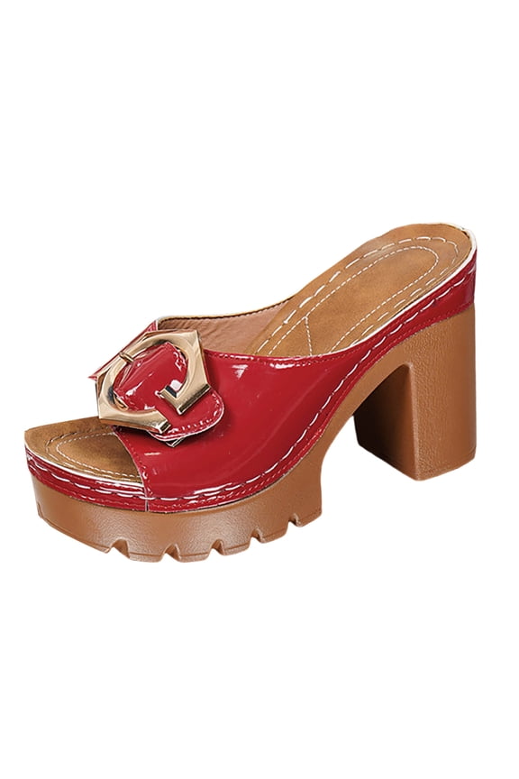 Women's Patent Leather Backless Platform Sandals Chunky Heel Open Toe Slide Non Slip Casual Summer Mule Dress Shoes Red Size 6