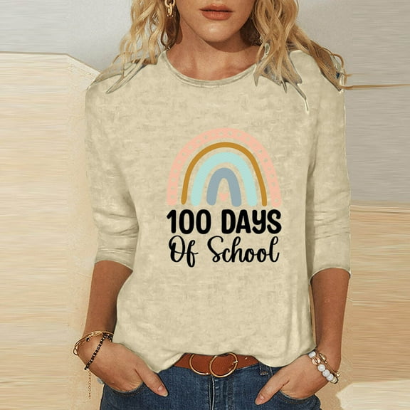 Lilgiuy 100 Days of School Blouses for Women,3/4 Sleeve Cute Rainbow Graphic Letter Print Tees Blouses Casual Plus Size Basic Tops Pullover Spring (Khaki,S)