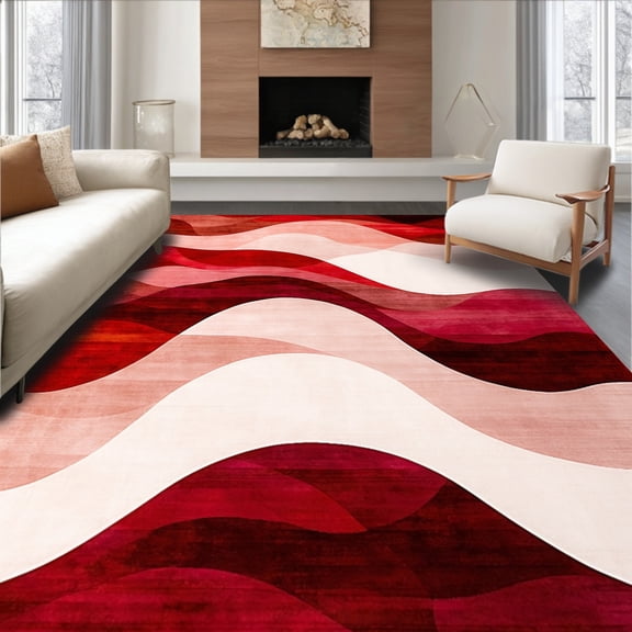 ODIKA 4'x6' Machine Washable Non-Slip Area Rug, Modern Abstract Brushstroke Wave Design with Dynamic Flow High Traffic Rug, Red, 256670