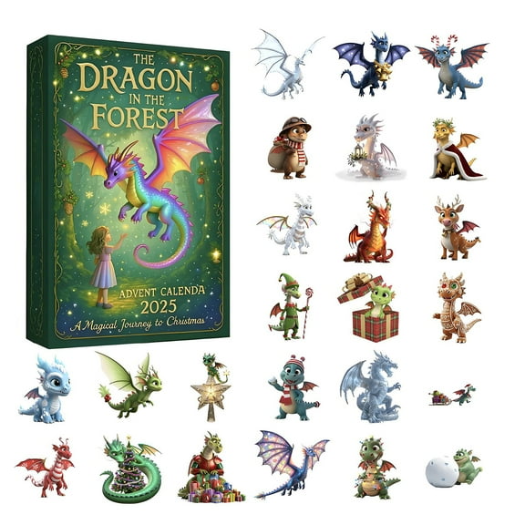 Dragon in the Forest 2025 Advent Calendar with 24 Unique 2D Fantasy Dragon Figures and Storybook Gift Box Set for Holiday Countdown