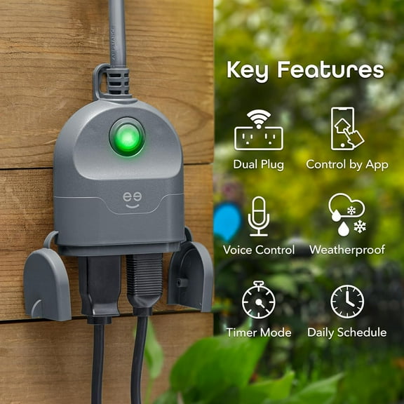 GHRTGR-Outdoor Duo Wi-Fi Smart Plug, Weatherproof Dual Socket, Wireless Remote Control, Works with Alexa & Google Home, 2 Outlets