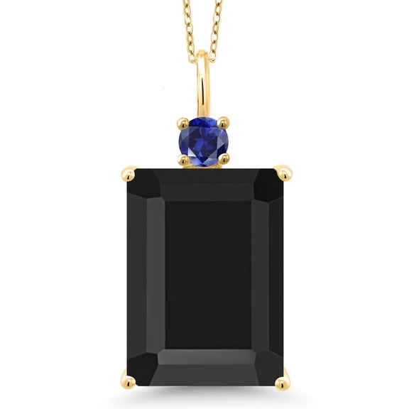 Gem Stone King 18K Yellow Gold Plated Silver Black Onyx and Blue Created Sapphire Pendant Necklace for Women | 15.33 Cttw | Gemstone December Birthstone | Emerald Cut 18X13MM | With 18 inch Chain