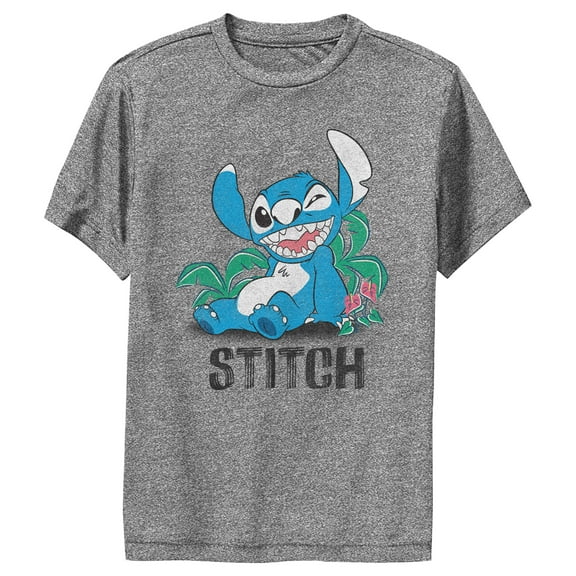 Boy's Lilo & Stitch Distressed Stitch Wink  Performance Graphic Tee Charcoal Heather Large
