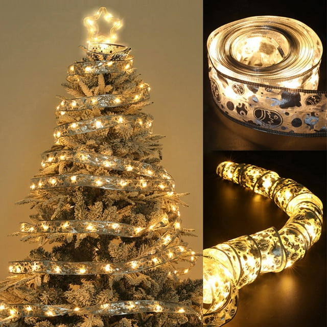 Adornos navideños, luces LED de cinta, guirnalda de luces navideñas de 100 LED a pilas para árbol de Navidad, decoración para fiestas, decoración colgante para interiores y exteriores. Luces decorativ