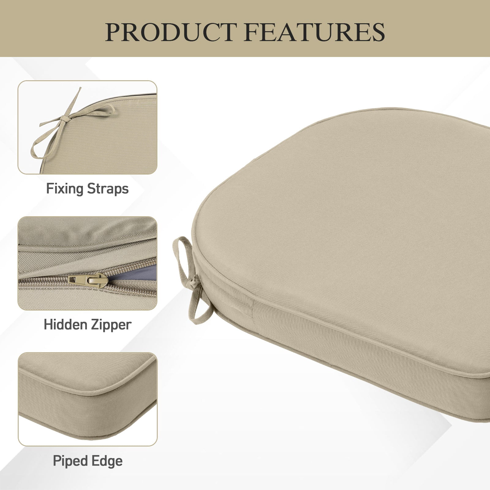 BPS 18" x 19" Outdoor Chair Cushion, Fade Resistant Patio Seat Cushion Pads with Ties, Set of 4 - Khaki