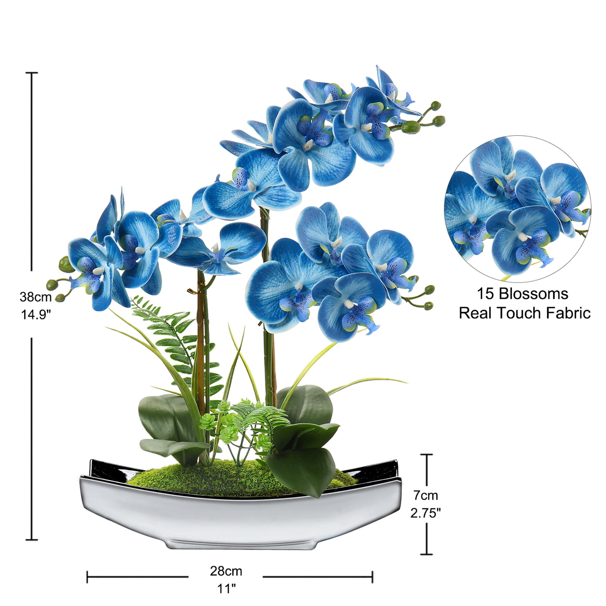 Orchids Artificial Flowers Potted 15" Blue Phalaenopsis Orchid with Silver Boat Pots Home Decoration