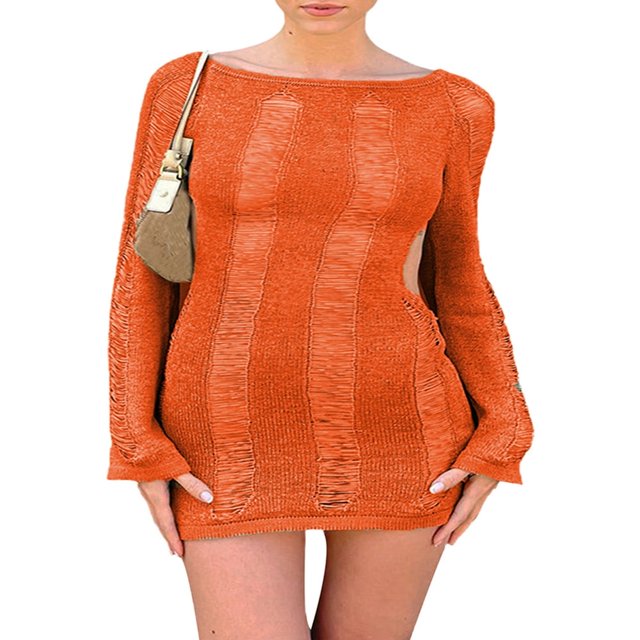 Femmes Sexy Crochet Tricot Évider Robe Manches Longues Backless Slim Fit Parti Club Nuit sur Mini Robe Cover Ups
