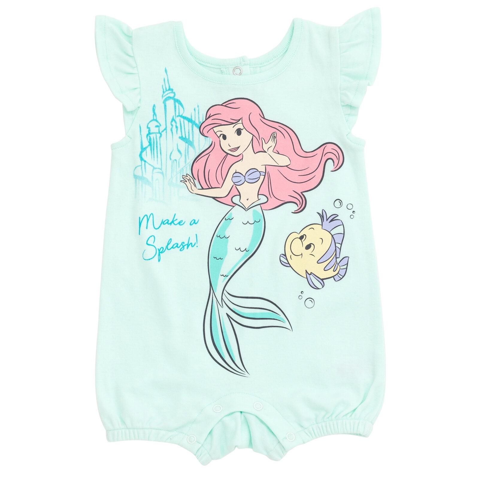 Disney The Little Mermaid Baby Girls' 2-Pack Short Sleeve and Sleeveless Bubble Romper Set Mint and Pink Ariel and Flounder