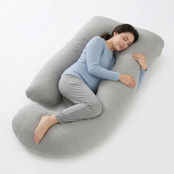 RUPOUN Pregnancy Pillow, J-Shaped Maternity Body Pillow for Sleeping, 70-Inch Full Body Support with Removable Cooling Ice Silk Cover, Gray