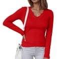 thumbnail image 2 of idosla Womens Long Sleeve Shirts V-Neck Rib Knit Slim Fit Tops Casual Stretch Basic Tee Going Out Top Fall Fashion 2025 (Red, XXL), 2 of 6