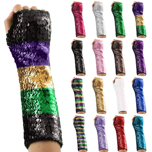 QATAINLAV Sparkly Sequins Long Fingerless Gloves for Women Elastic Glitter Mardi Gras Party Costume White