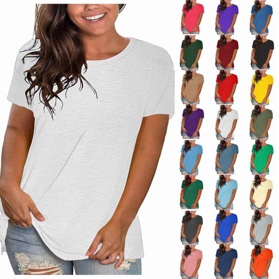 Summer Tops for Womens Fashion Solid Round Neck Short Sleeve T shirt Blouse Loose Tops for Beach Party Casual Summer Tops For Women