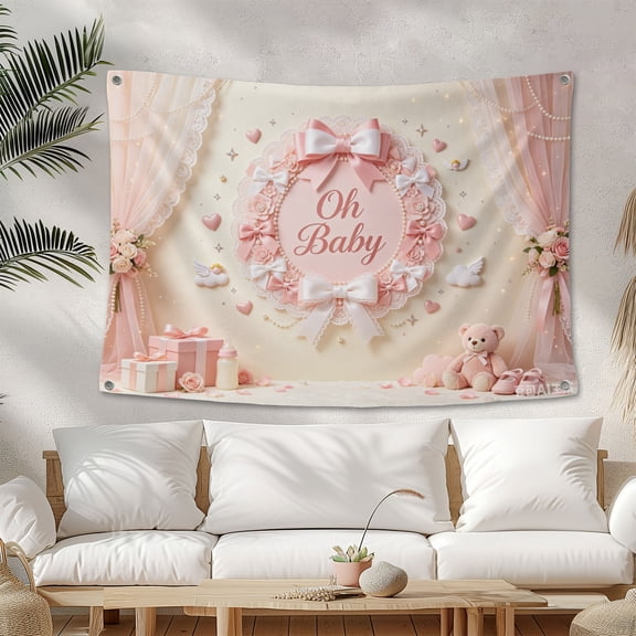 Bow Baby Shower Backdrop Banner Oh Baby Bow Baby Shower Decorations Coquette Photography Background for Newborn Baby Bowknot Banner 3.3*5FT