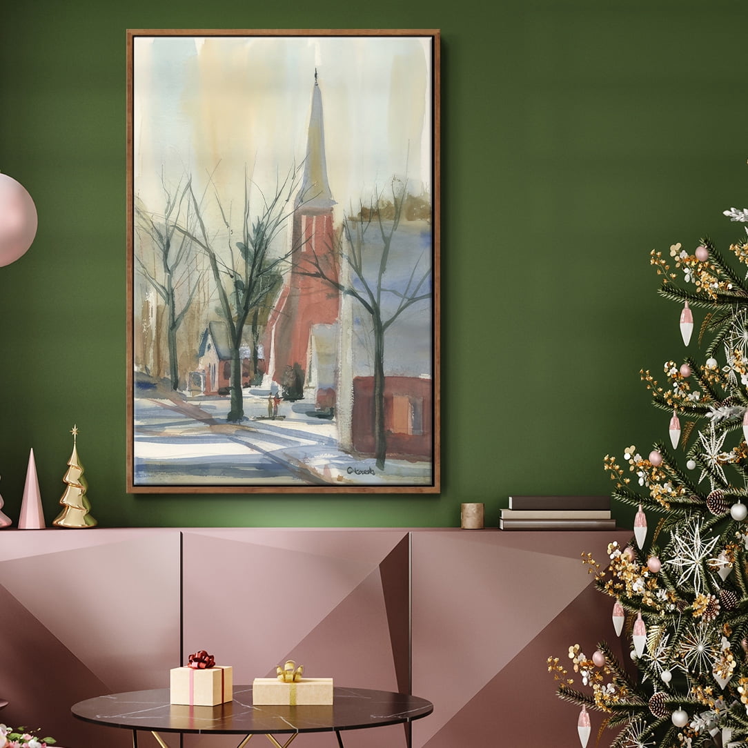 New England Main Street - Framed Gallery Wrapped Holiday Canvas - 17 x 25 - Rosewood Frame