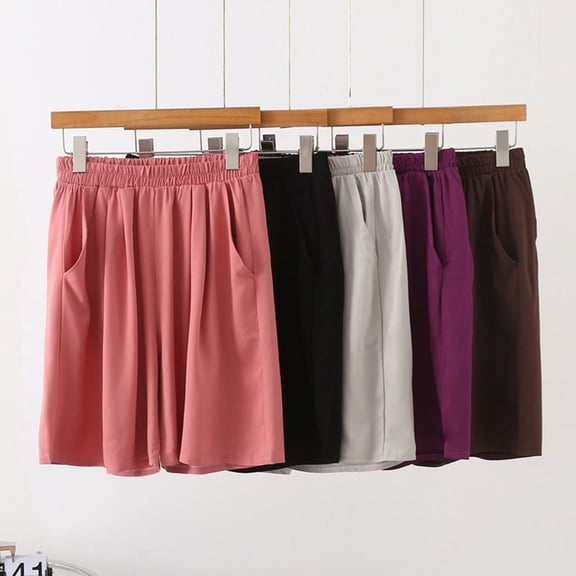Asxite Plus Size Shorts for Women Solid Pockets Stretchy Elastic Waist Summer Loose Casual