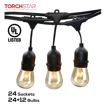 TORCHSTAR 50ft 24 Sockets Outdoor Commercial String Lights, String Lights for Patio, Garden, Party, 36 Bulbs Included