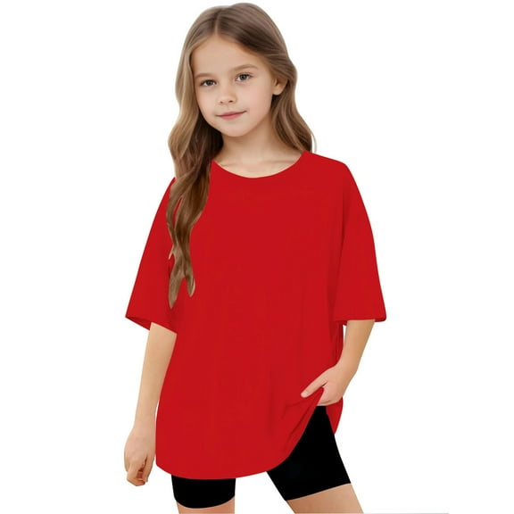Frwgonr Girls Holiday T-shirts Kids Casual Crewneck Short Sleeve Loose Basic Tee Tops 3-10 Years, Red