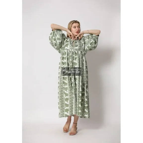 Midi Dress, Mini Dress, Floral Long Block Print Dress, Deep Neck with string closer