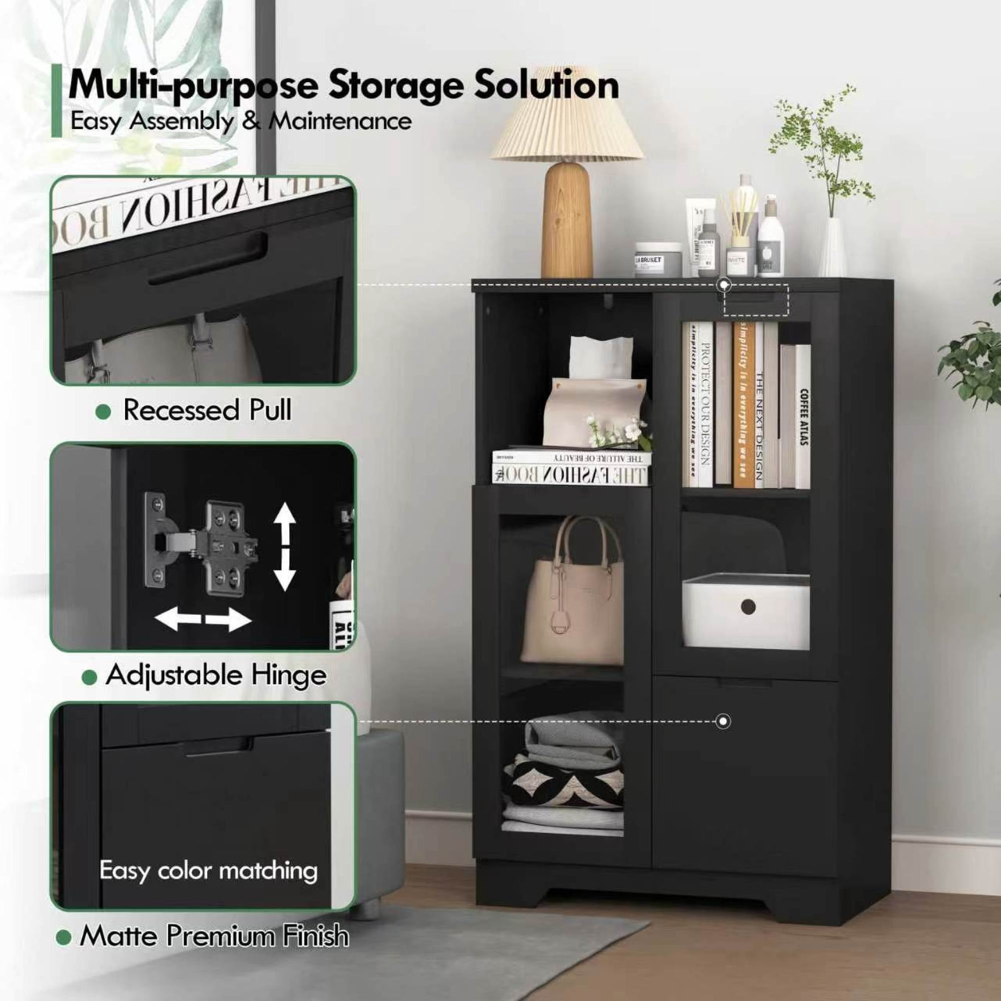 Leumius Sideboard Cabinet with Storage,Buffet Cabinet with Glass Doors & Drawer,Open Storage Cabinet for Living room,Black