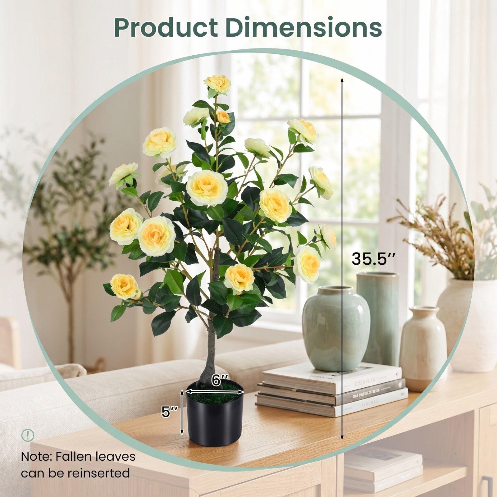 Vebreda Artificial Plant Decor, 2-Pack Artificial Camellia Tree Faux Flower Plant in Cement-Filled Pot, Lifelike & Elegant Design