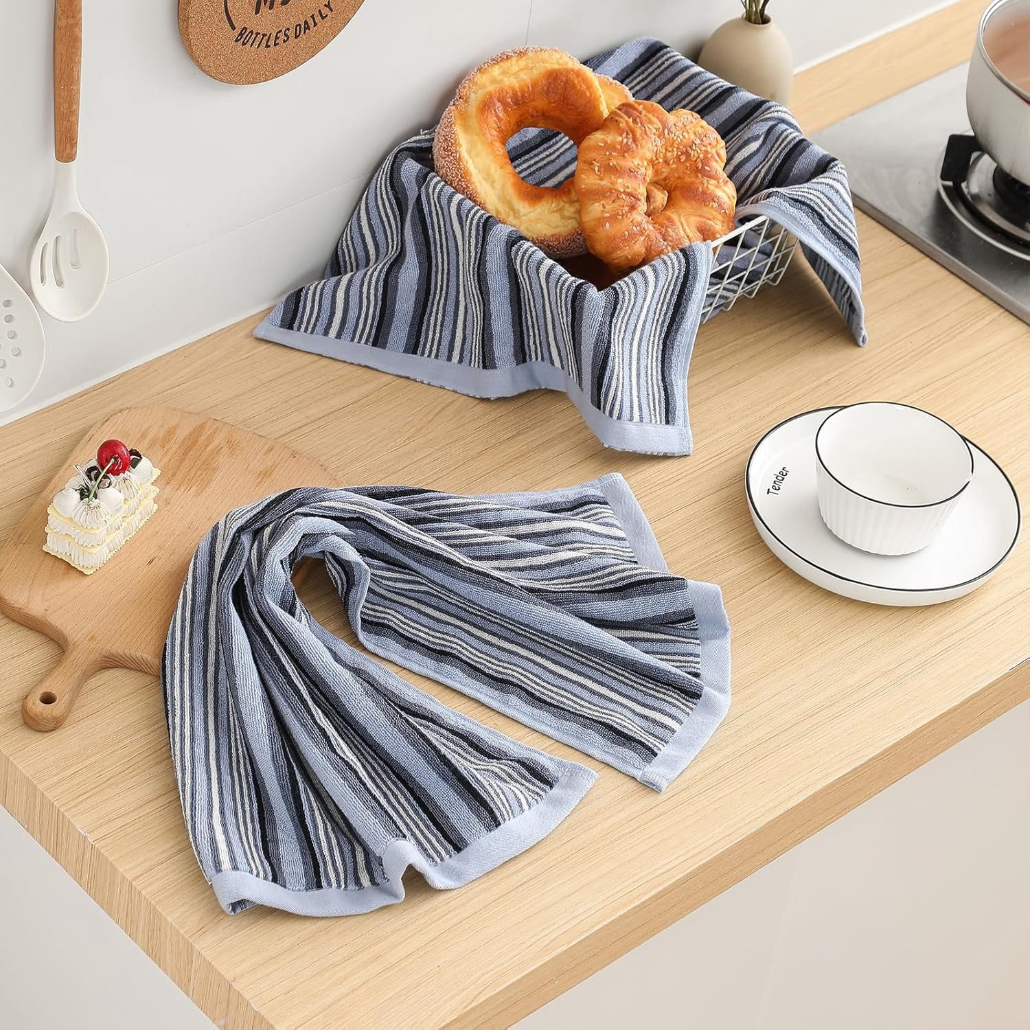 KitchenKey Premium Cotton Kitchen Dish Towels for Drying Dishes,Large Long Kitchen Hand Towels, Thick Highly Absorbent Dish Clothes Tea Towel Sets with Hanging Loop, 16" X 26", 4 Pcs, Blue