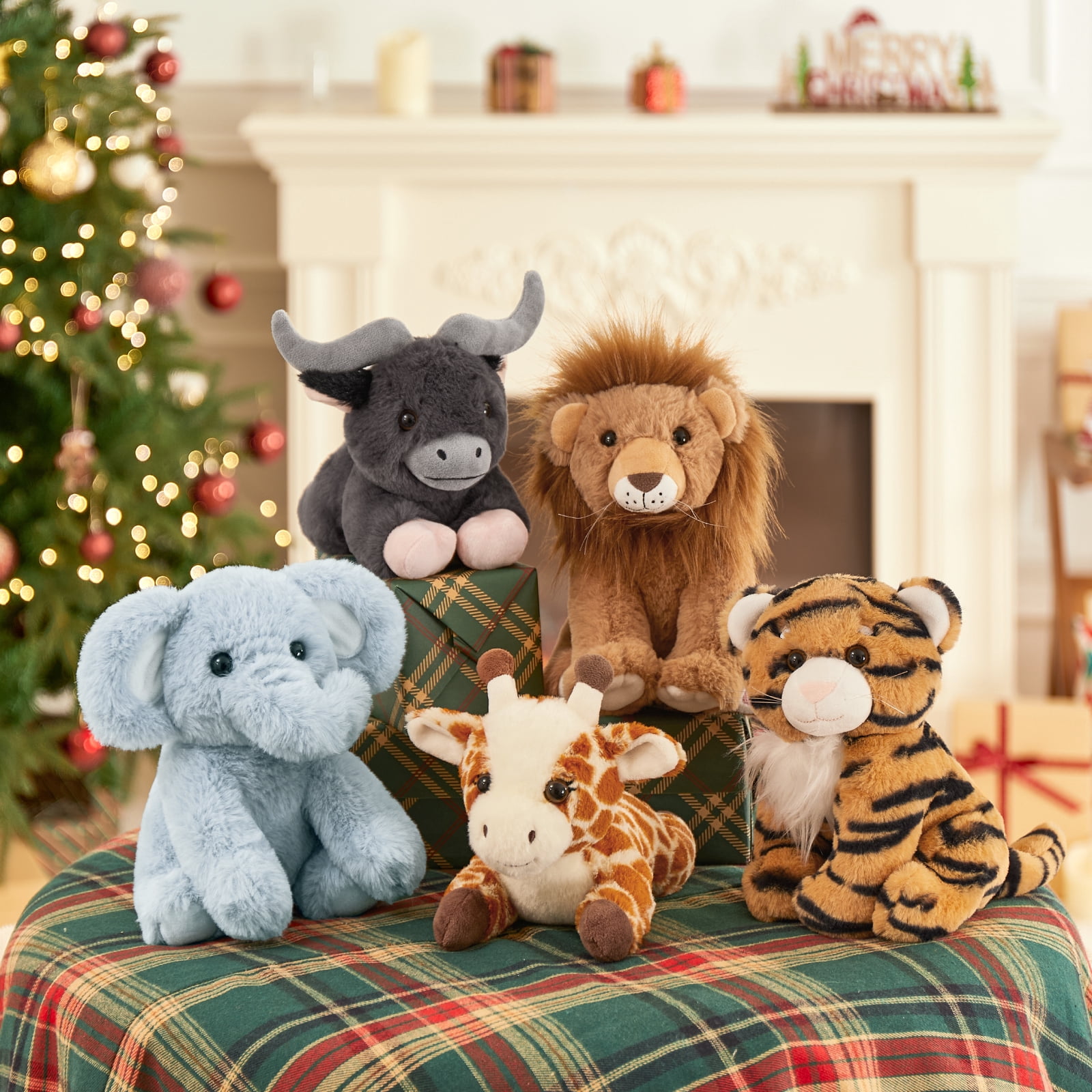 Muiteiur 5 Pieces Safari Stuffed Animals Jungle Animals Set Plush Toy(Giraffe/Tiger/Lion/Elephant/Cow)