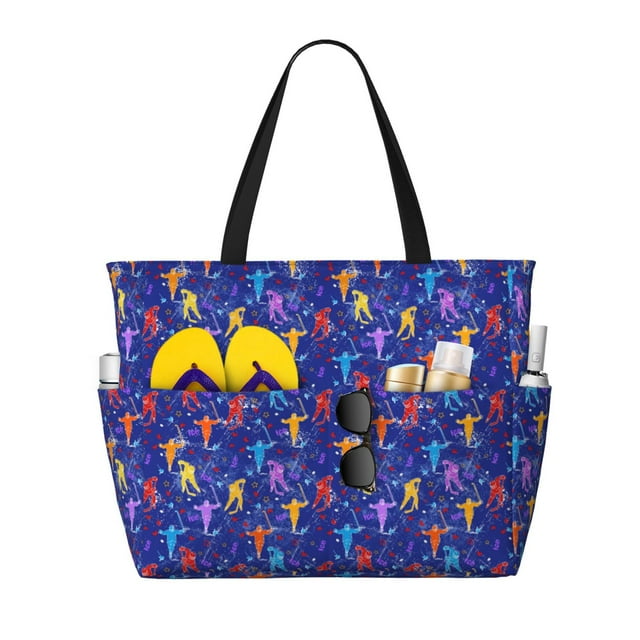 Vsdgher Sac de Plage avec Imprimé Rondelle pour Joueurs de Hockey sur Glace, Grand Sac Fourre-Tout pour Femmes avec Fermeture Éclair, Sac de Plage Imperméable et Résistant au Sable pour Piscine, Sacs à Main pour Travail, Plage et Gym