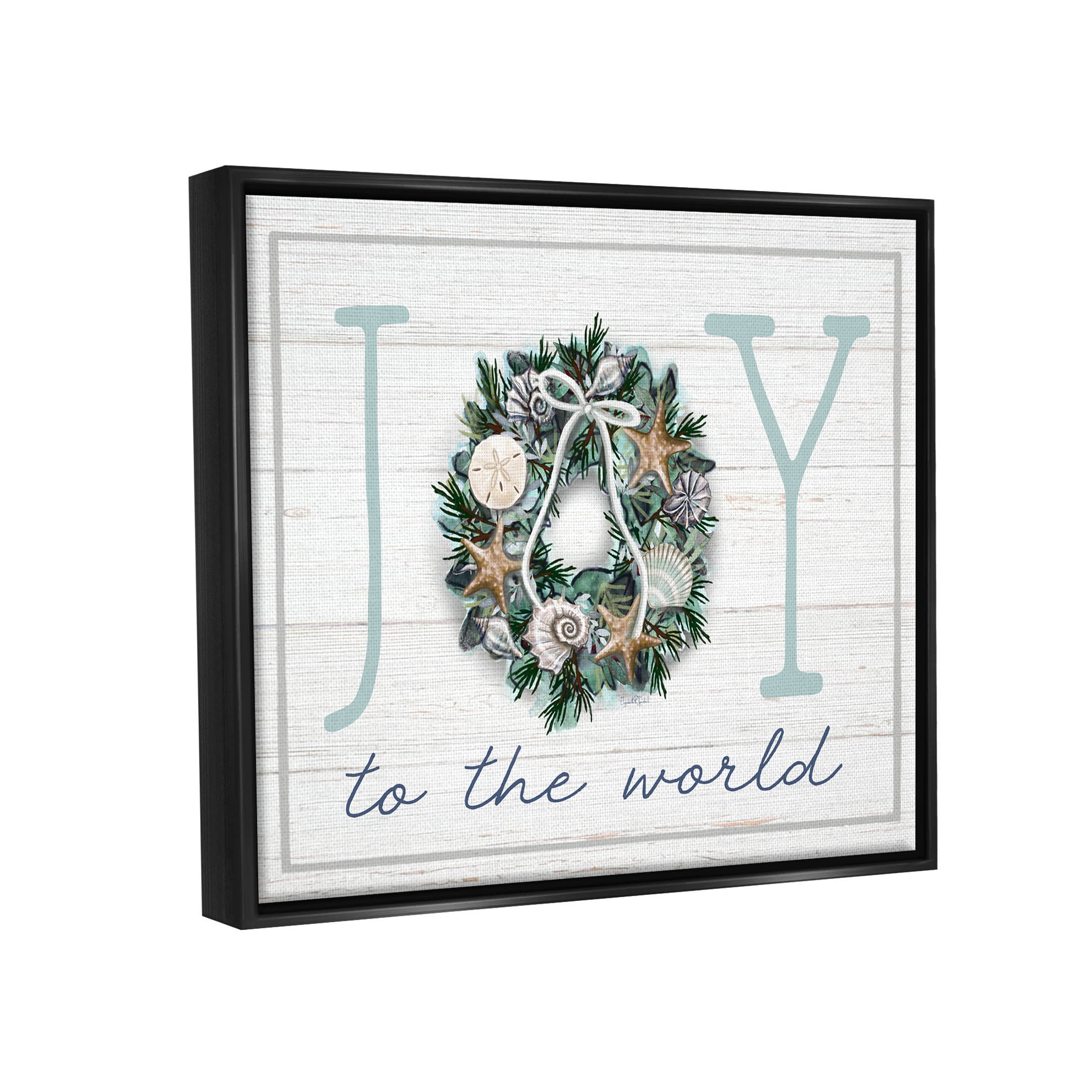 Stupell Industries Joy To The World Nautical Wreath Graphic Art Jet Black Floating Framed Canvas Print Wall Art, Design by Elizabeth Tyndall