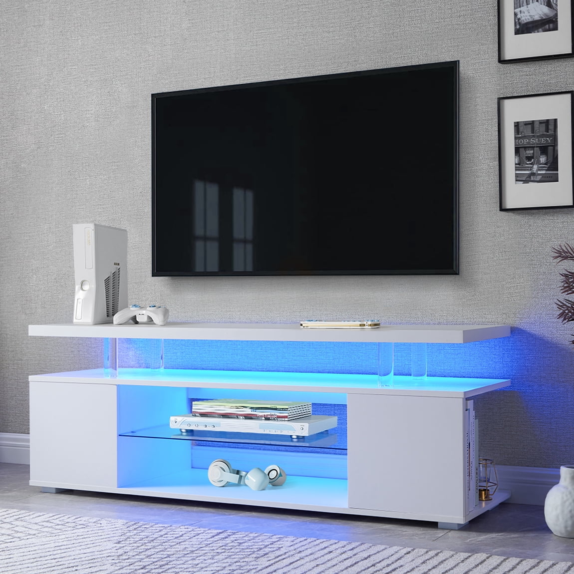 LED Entertainment Center with Glass Shelf，TV Stand for 60 Inch TV
