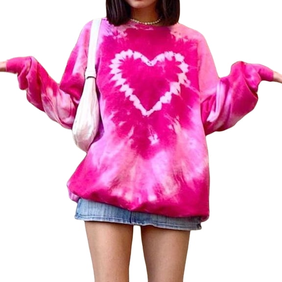 Arvbitana Women’s Tie Dye Pullover Tops, Long Sleeve Crew Neck Heart Print Loose Fit Sweatshirts