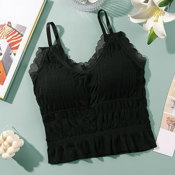 HongQid Women's Sleeveless Tank Tops, Slim Fit Scoop Neck Lace with Chest Pad Camisole Spaghetti Strap Basic Cami Black Free Size