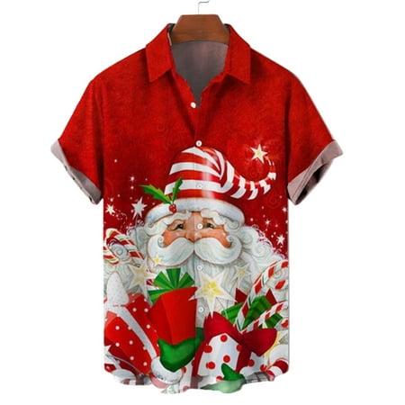 

Men s Christmas Short Sleeve Hawaiian Shirt with Chest Pocket Casual Christmas Santa Print Shirts for Boys