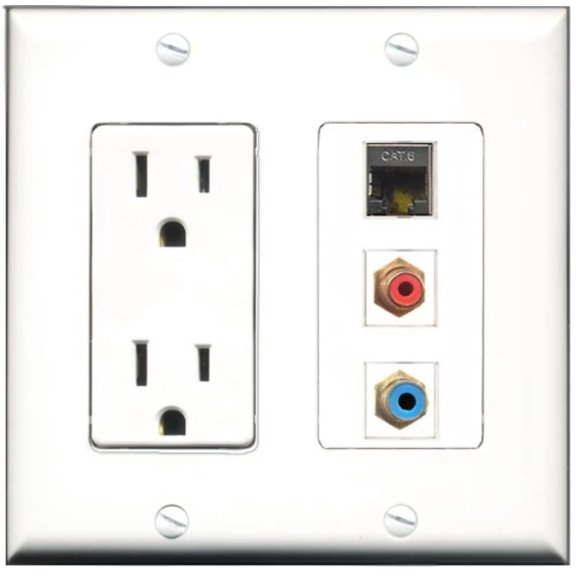 RiteAV - 15 Amp Power Outlet 1 Port RCA Red 1 Port RCA Blue 1 Port Shielded Cat6 Ethernet Ethernet Decorative Wall Plate