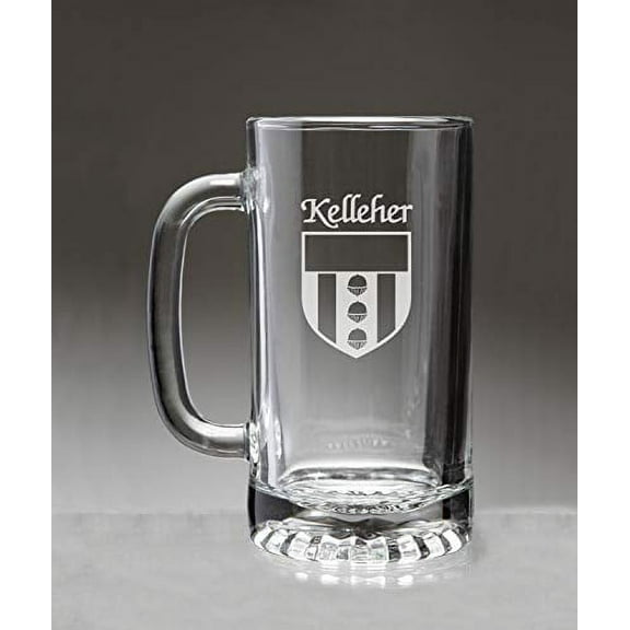 Kelleher Irish Coat of Arms Glass Beer Mug (Sand Etched)
