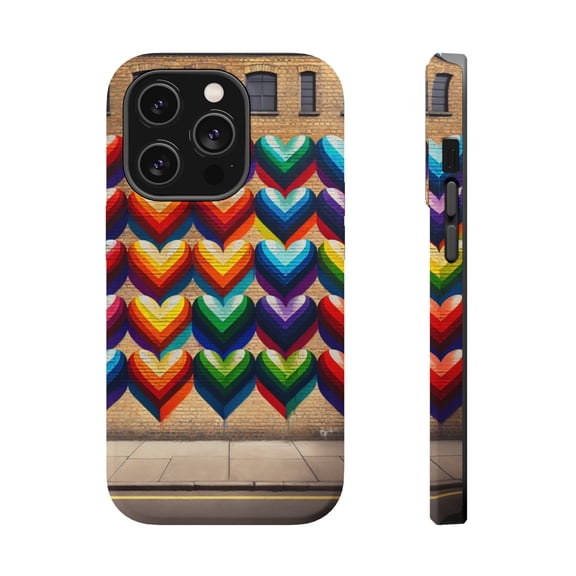 DistinctInk Tough Case for Apple iPhone 13 PRO (6.1" Screen), Compatible with MagSafe Charging - "Rainbow Hearts: Vibrant Graffiti on Brick"