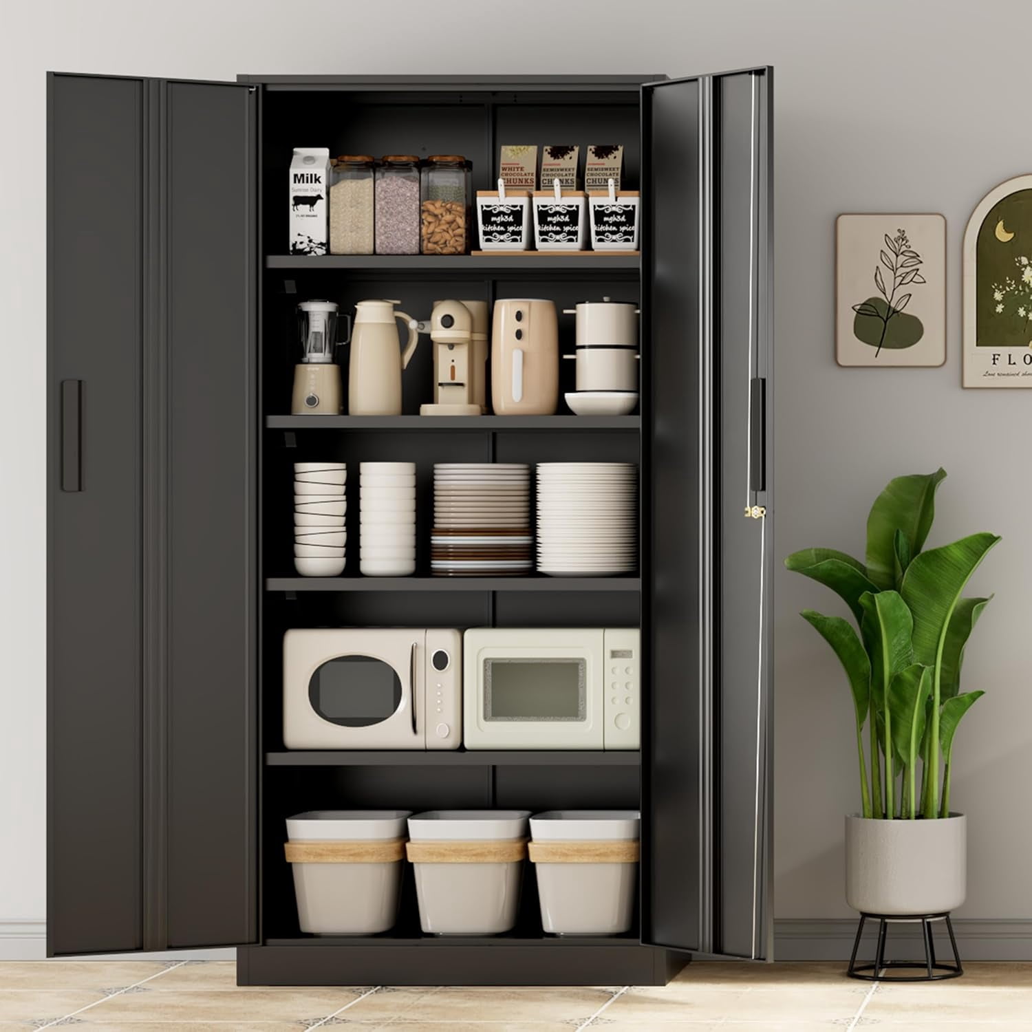 SOLAURA Garage Storage Cabinet, 71" H Metal Storage Cabinet with Locking Doors, Black Storage Lockers with Adjustable Shelves for Office, Home, and Garage