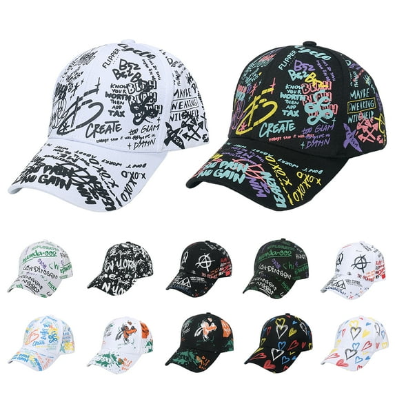 Dengjunhu Baseball Cap Letter Graffiti Print Casual Wide Brim Breathable Windproof Sun Protection Adjustable Outdoor Women Men Sport Hat for Daily Life