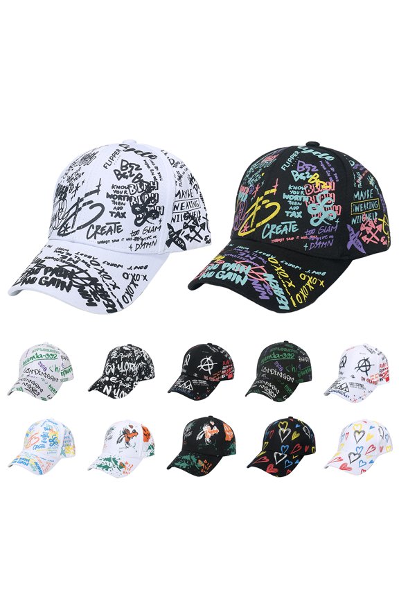 Baseball Cap Letter Graffiti Print Casual Wide Brim Breathable Windproof Sun Protection Adjustable Outdoor Women Men Sport Hat for Daily Life