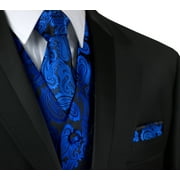 Italian Design, Men's Formal Tuxedo Vest, Tie & Hankie Set for Prom, Wedding, Cruise in Royal Blue Paisley