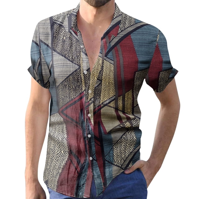 Playeras Y Camisas Para Hombre Hombres primavera y verano Top estampado colorido botón solapa Tops camisa vacaciones al libre camisa de manga corta (Grey, M)