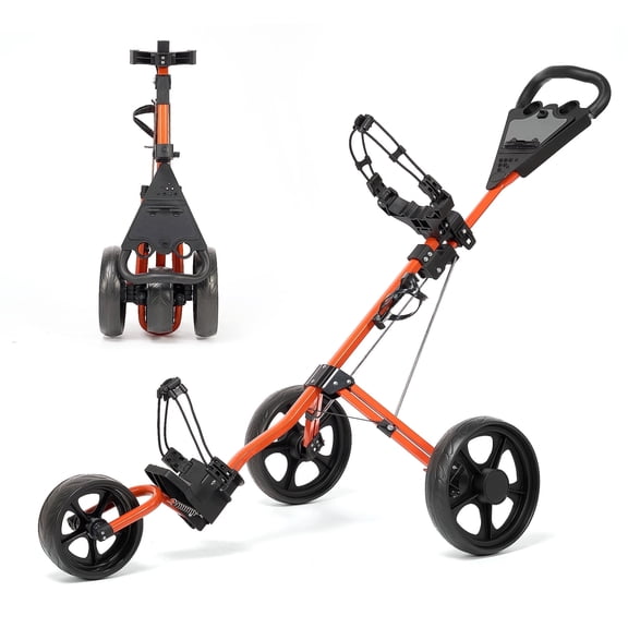 Naipo Golf Cart Push Bag Folding 3 Wheels Golf Pull with Scoreboard Adjustable Handle Large Wheelbase for Different Terrain, Orange